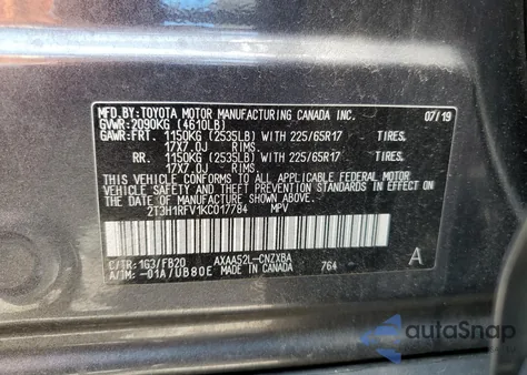 2019 Toyota Rav4 Le из США, поврежденный, VIN 2T3H1RFV1KC017784